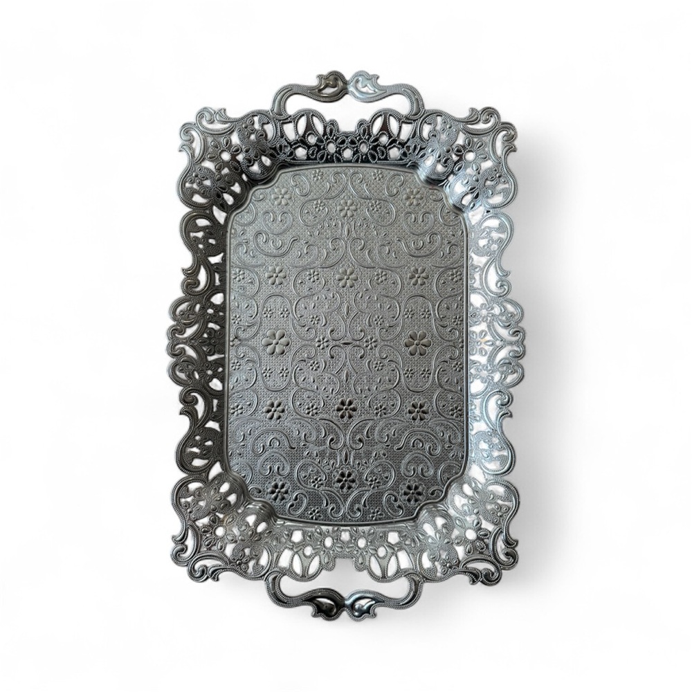Turkish Ottoman / Beverage Tray - Ornate Silver Floral Scroll Pattern